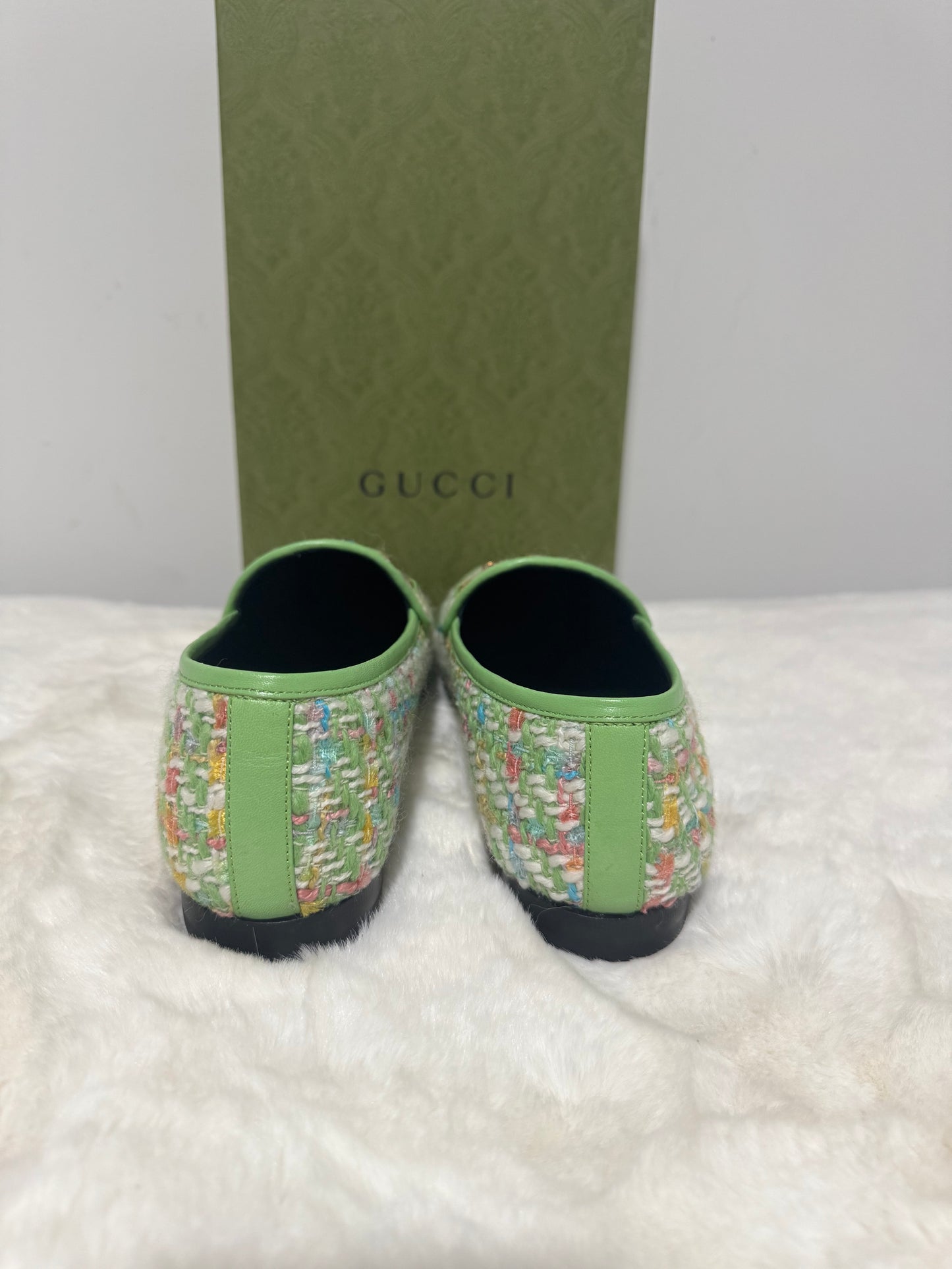 Gucci Tweed Malaga Kid Horsebit Jordaan Loafers Green Multicolor