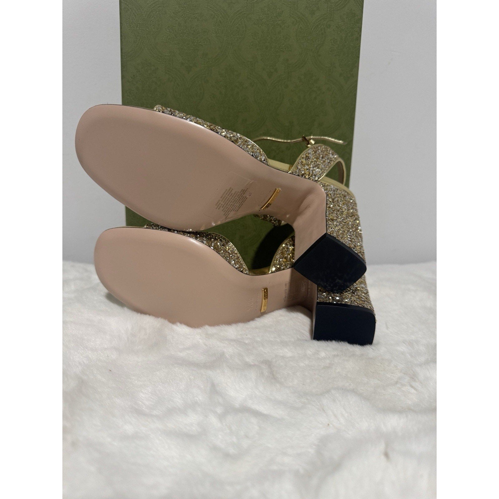 Gucci Metallic Glitter Sparkle Gold Horsebit Logo Ankle Sandal