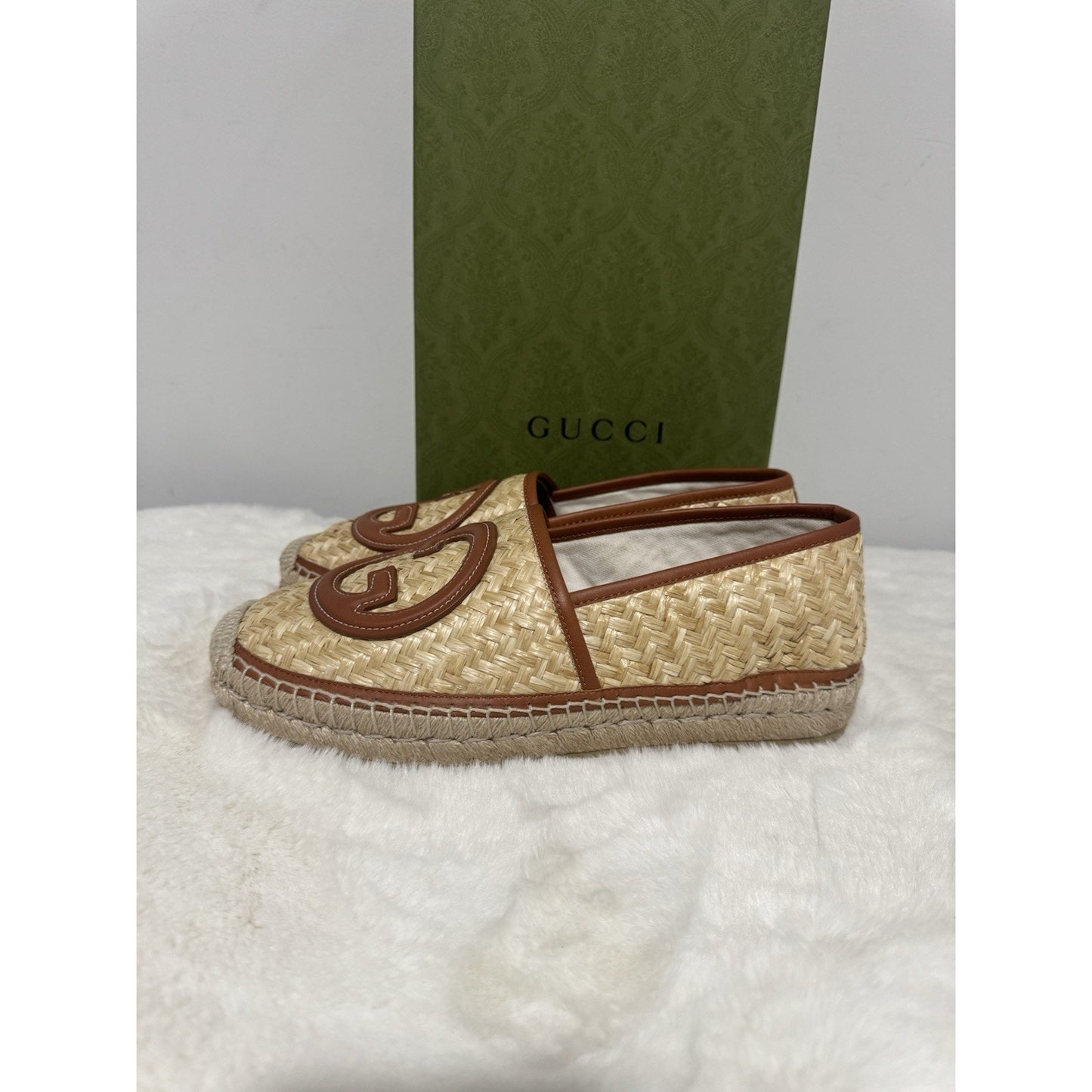 Brand New Gucci Brown Raffia Interlocking GG Espadrilles Size 7 (US 7.5)