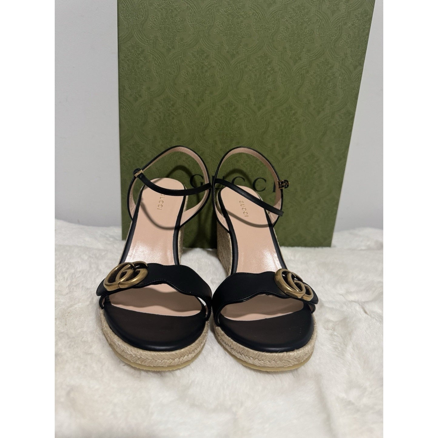Gucci Aitana Black Leather GG Marmont Wedge Espadrille Sandals Size 41.5