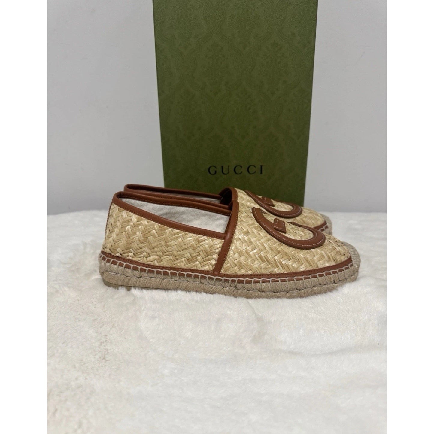 Brand New Gucci Brown Raffia Interlocking GG Espadrilles Size 7 US 7.5