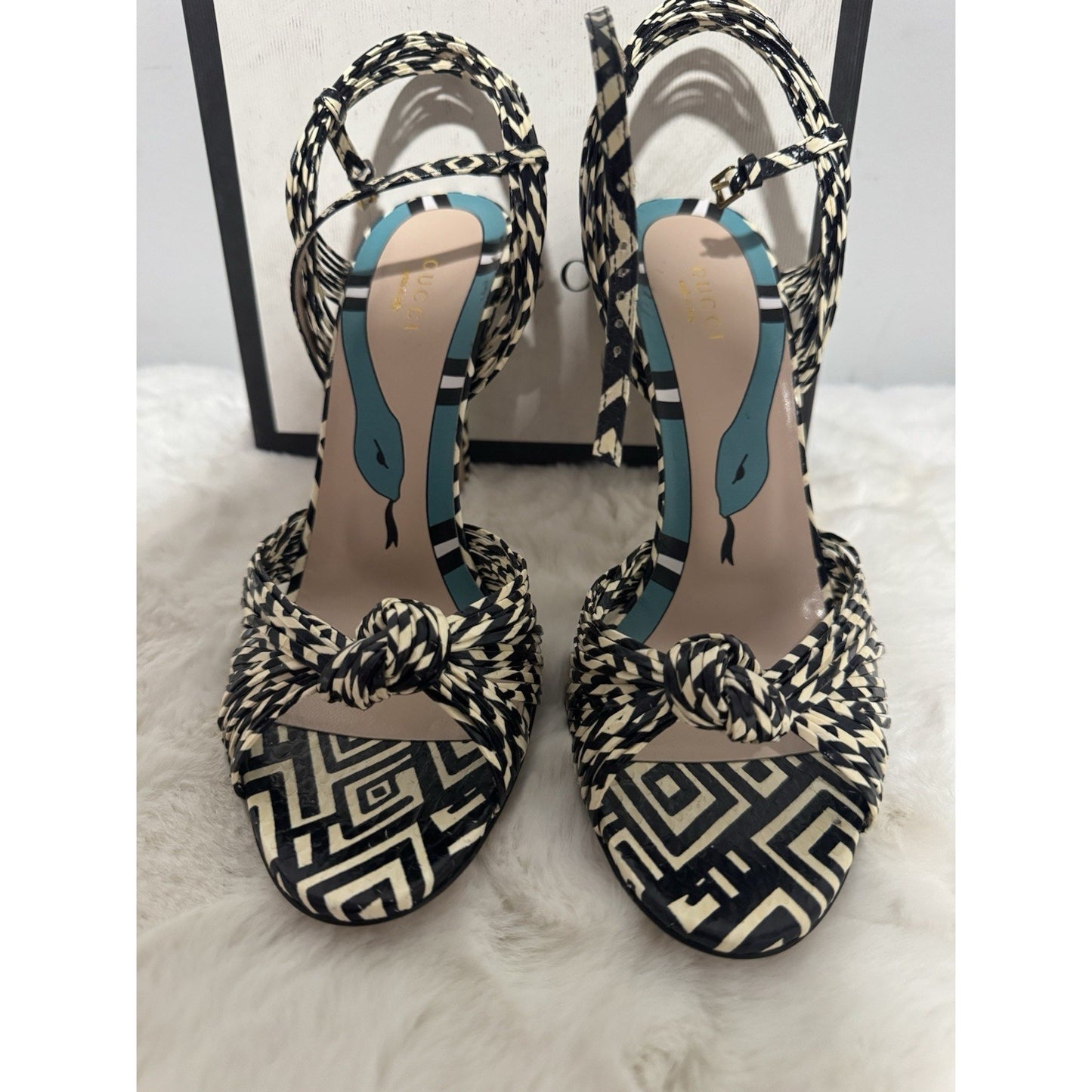 Gucci Allie Striped Leather Sandals, Black/White - 39.5