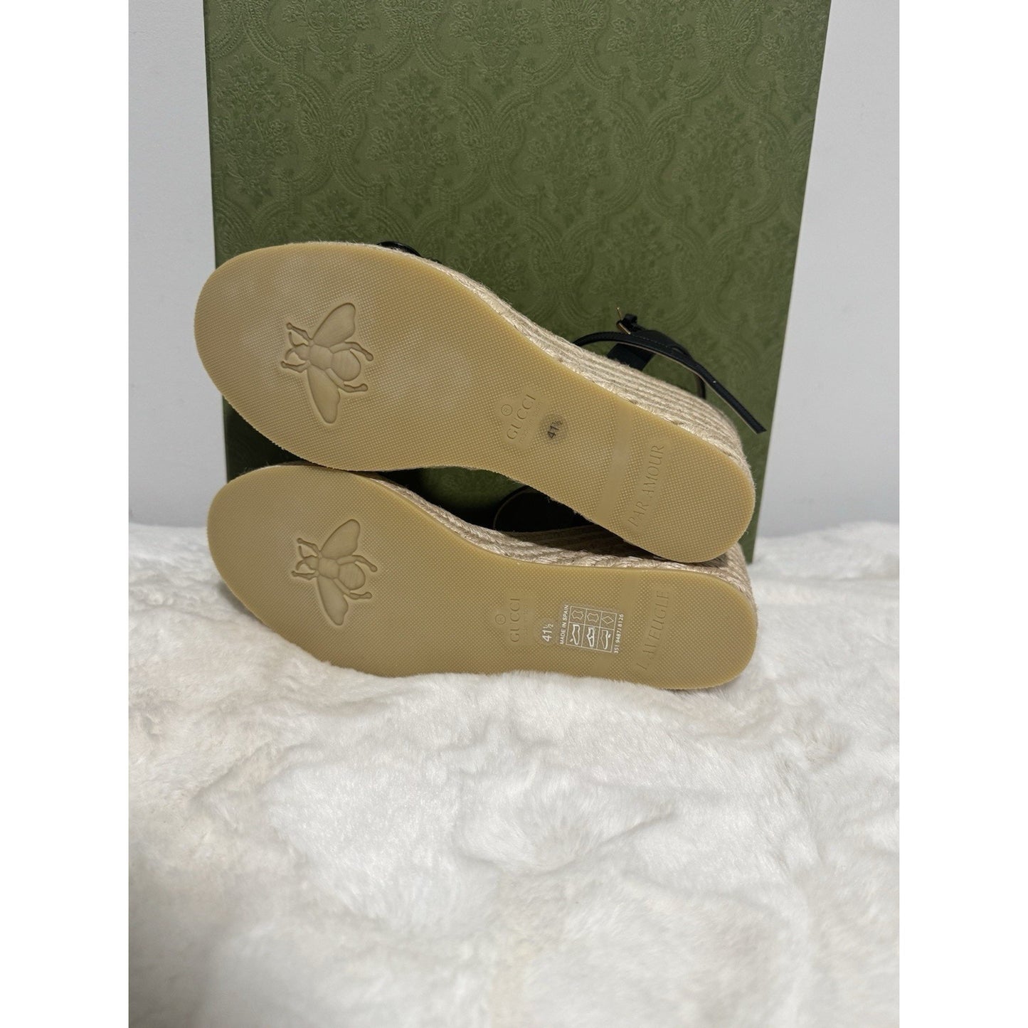 Gucci Aitana Black Leather GG Marmont Wedge Espadrille Sandals Size 41.5