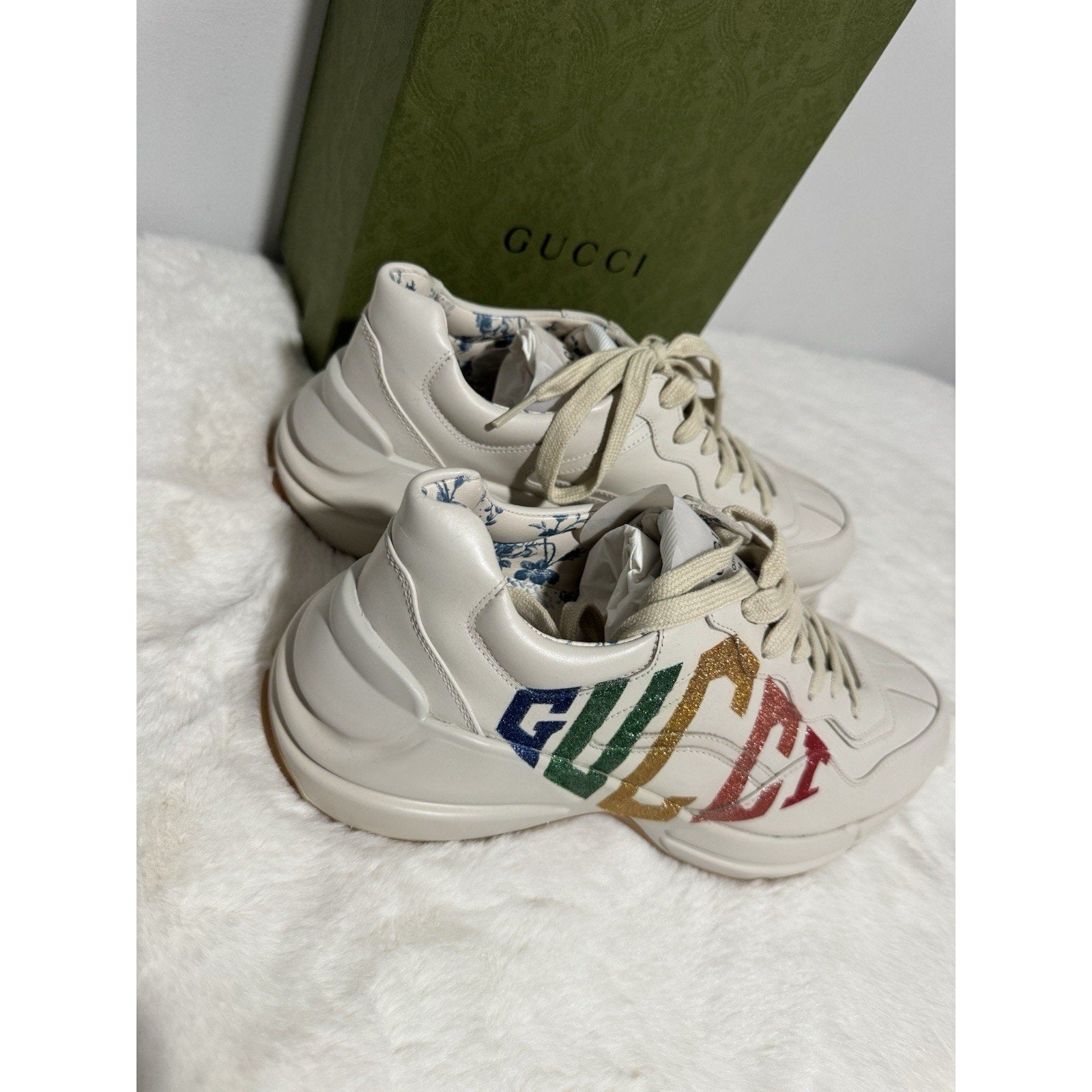 Gucci Rhyton Platform Calfskin Glitter Logo Womens Sneakers Mystic White