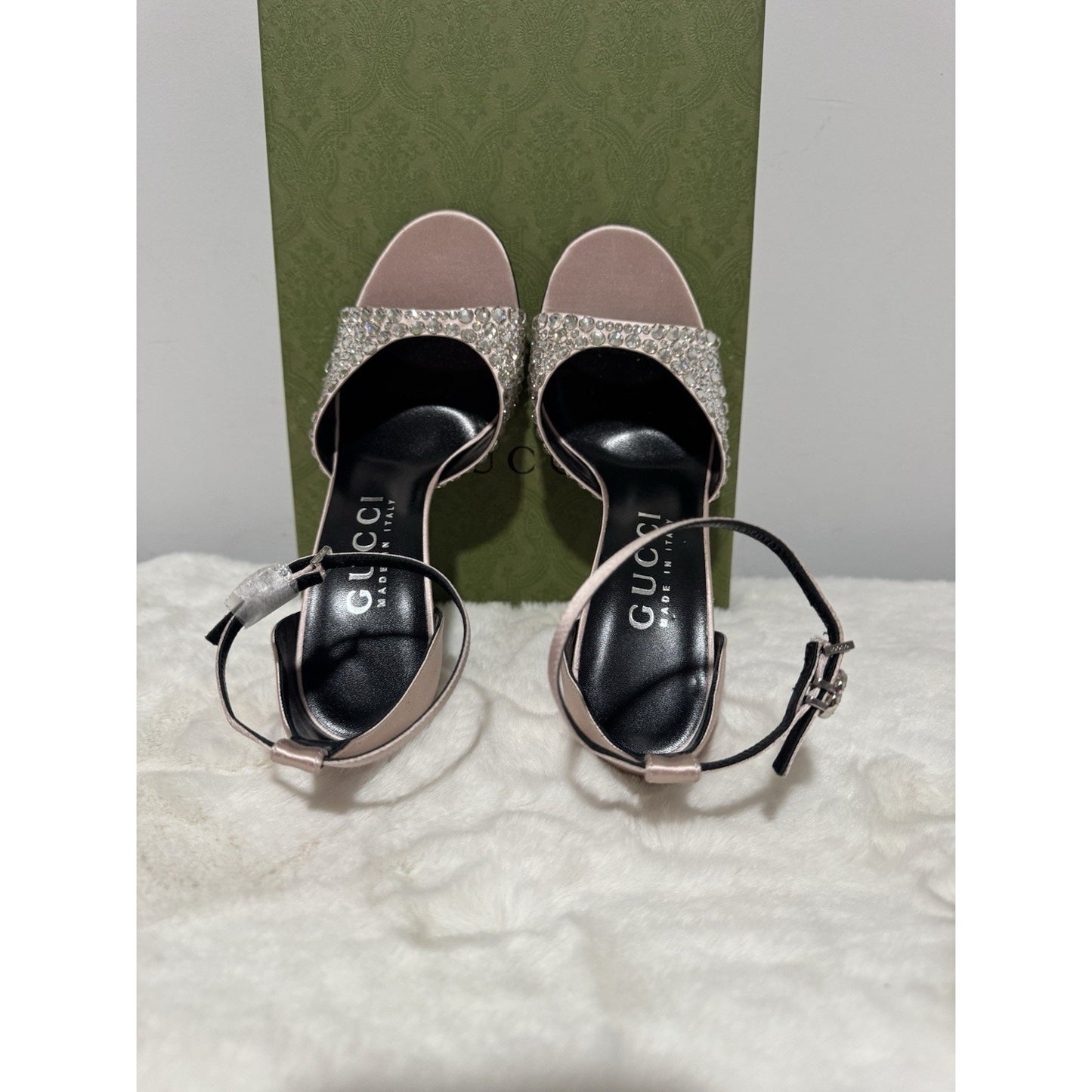Gucci GG Crystal Embellished Rhinestones Heels Pink Nude Satin Sandals EU40/US10