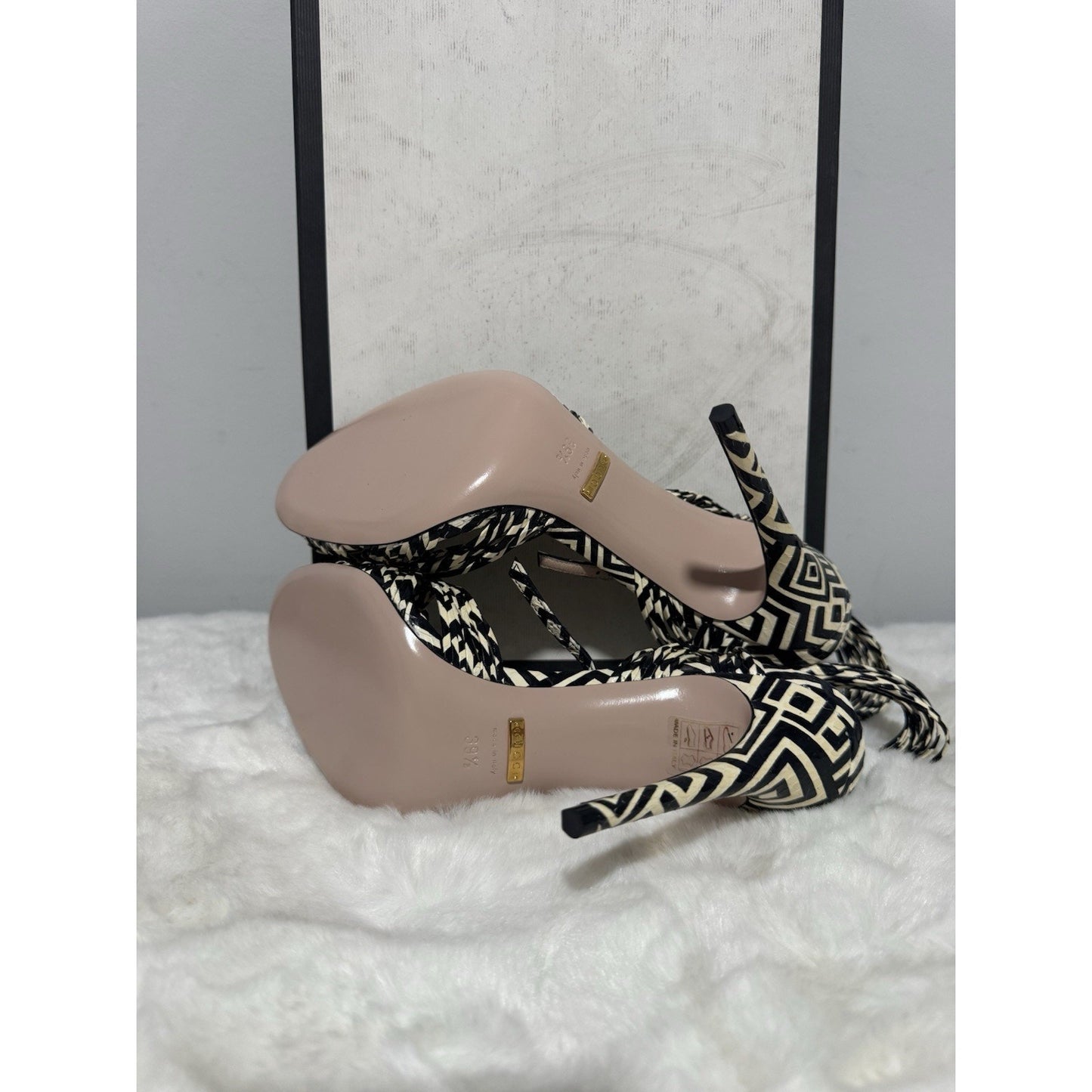 Gucci Allie Striped Leather Sandals, Black/White - 39.5