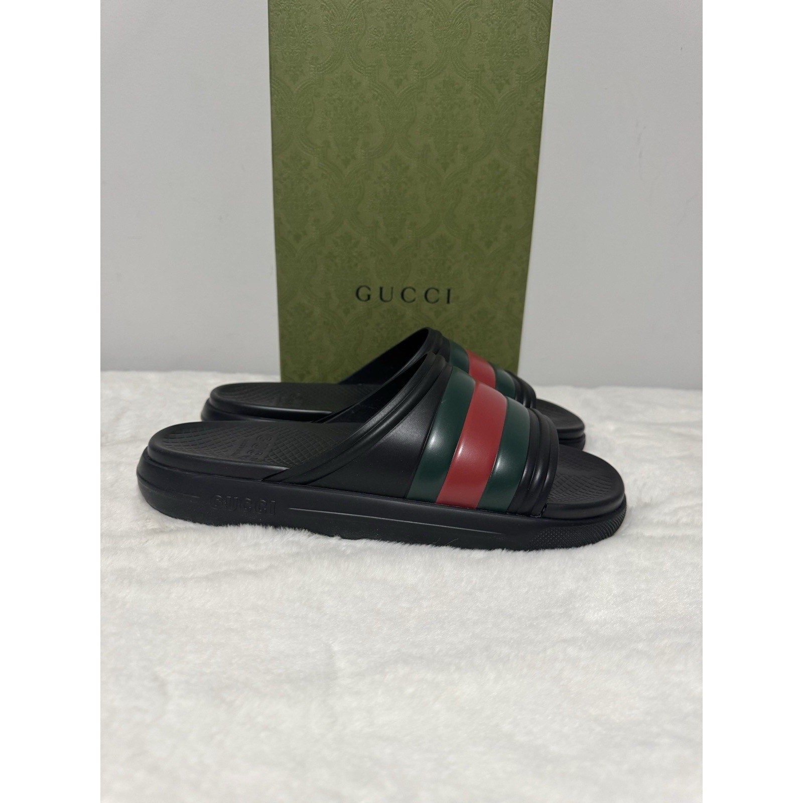 GUCCI Men's Black Rubber Web Slide Sandals New And Authentic