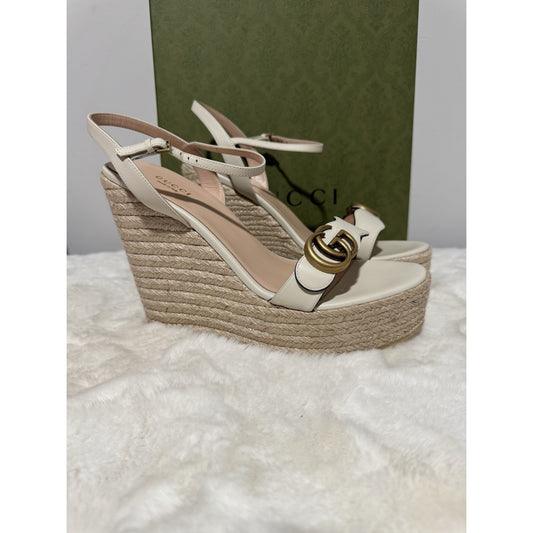 Gucci Women's Leather GG Wedge White Sandals 12 US (42 Euro)