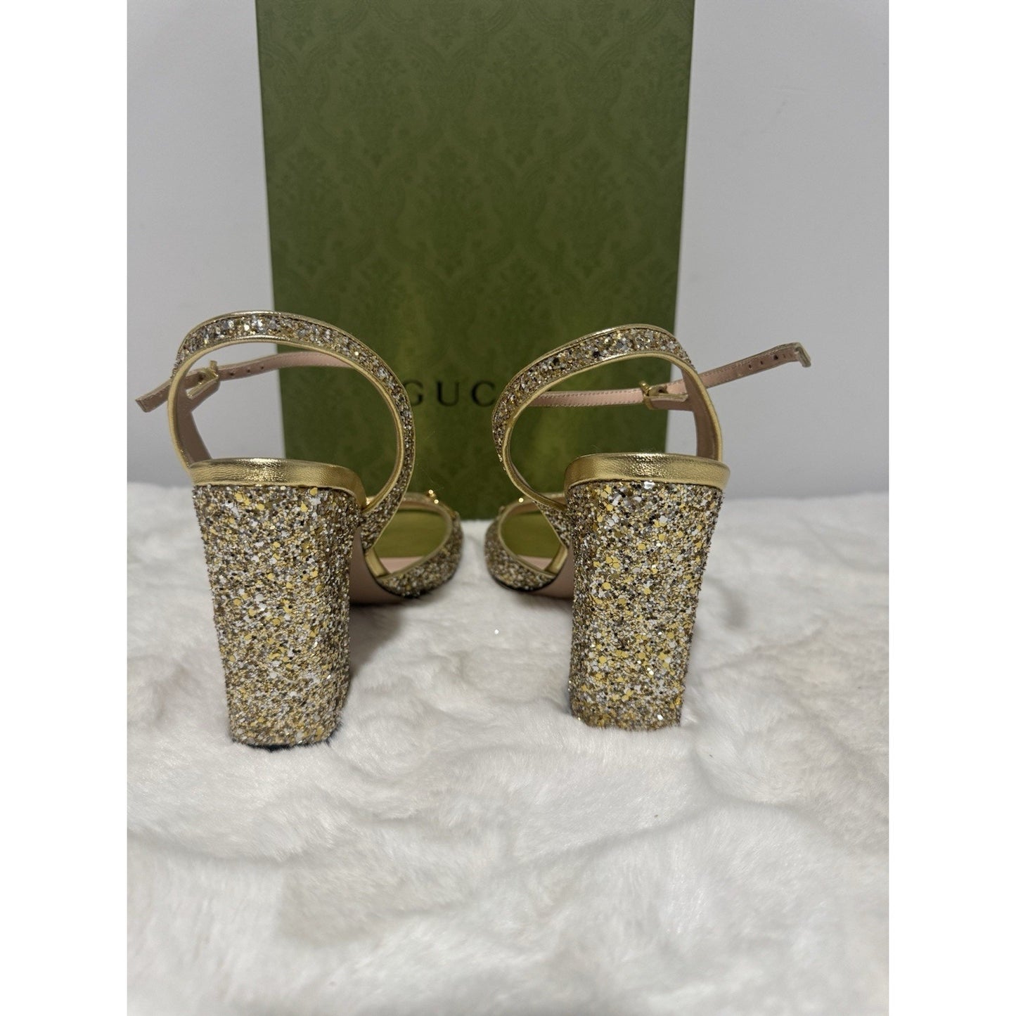 Gucci Metallic Glitter Sparkle Gold Horsebit Logo Ankle Sandal Shoes 8.5 / 38.5