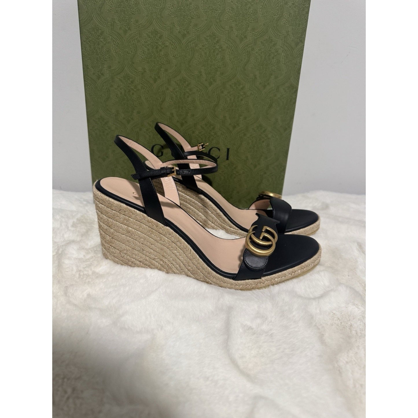 Gucci Aitana Black Leather GG Marmont Wedge Espadrille Sandals Size 41.5