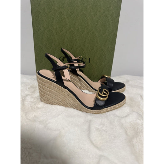 Gucci Aitana Black Leather GG Marmont Wedge Espadrille Sandals Size 41.5