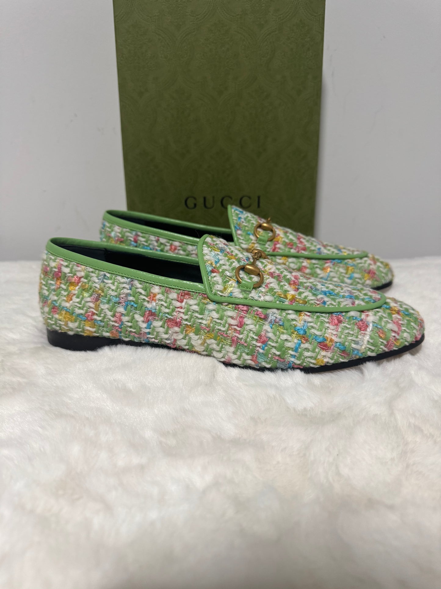 Gucci Tweed Malaga Kid Horsebit Jordaan Loafers Green Multicolor