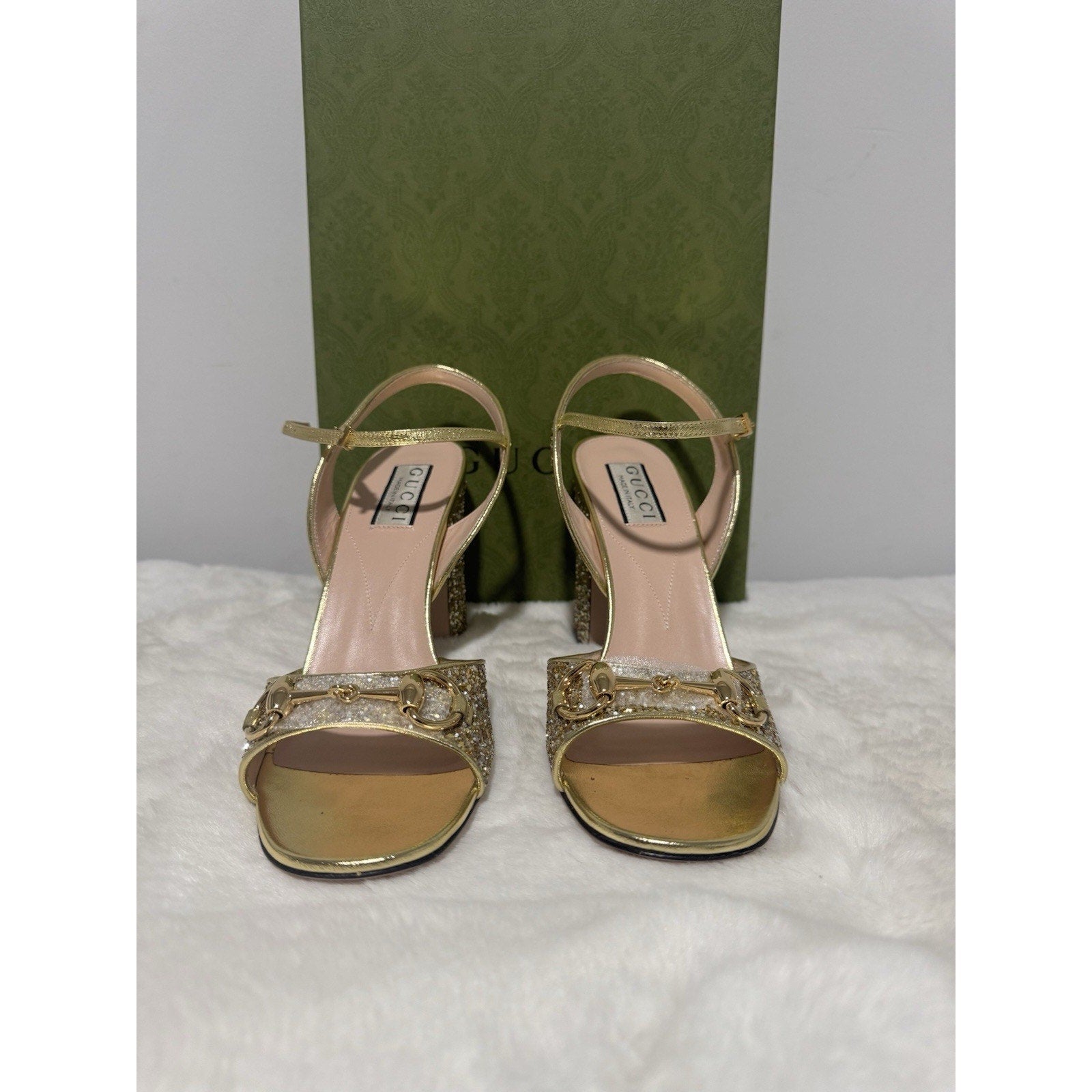 Gucci Metallic Glitter Sparkle Gold Horsebit Logo Ankle Sandal