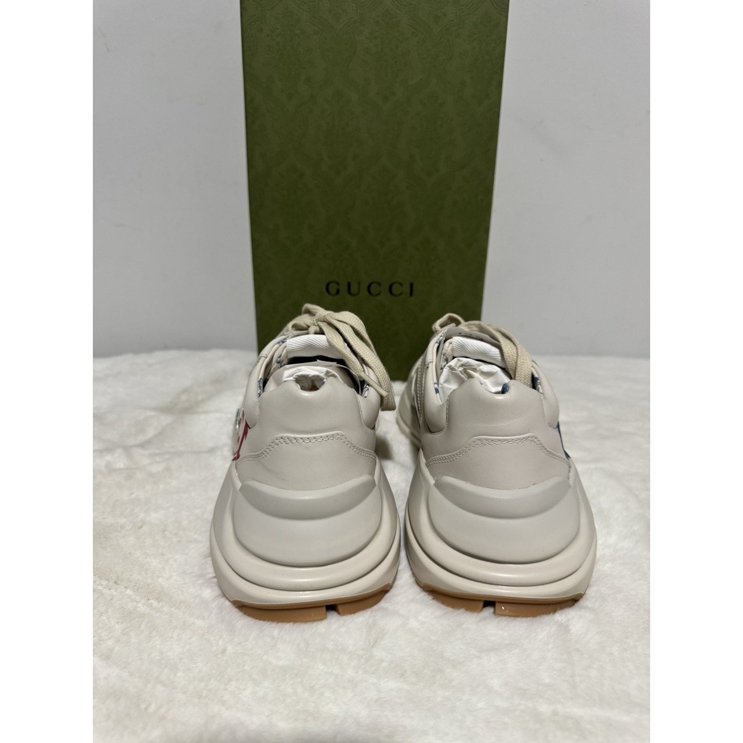 Gucci Rhyton Platform Calfskin Glitter Logo Womens Sneakers Mystic White EU 40.5