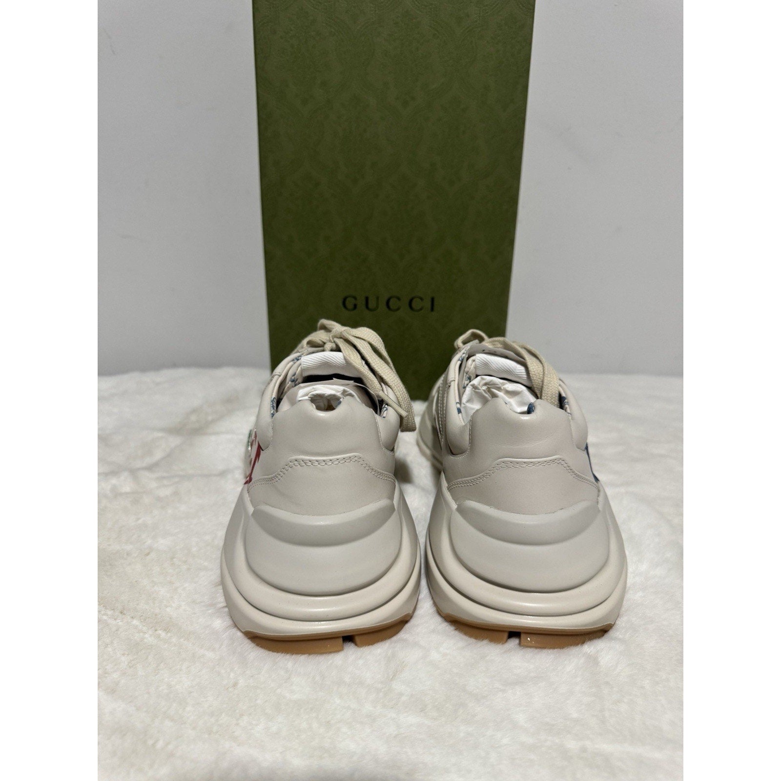 Gucci Rhyton Platform Calfskin Glitter Logo Womens Sneakers Mystic White