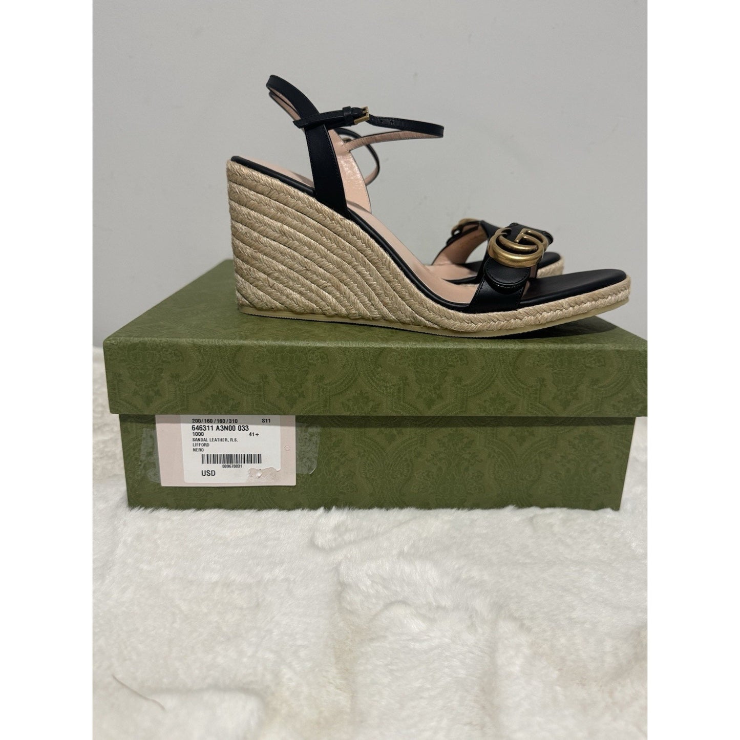 Gucci Aitana Black Leather GG Marmont Wedge Espadrille Sandals Size 41.5