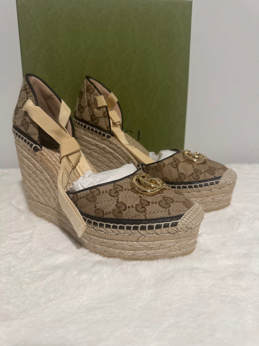 GUCCI Pilar GG Ankle Tie Espadrille Platform Wedge