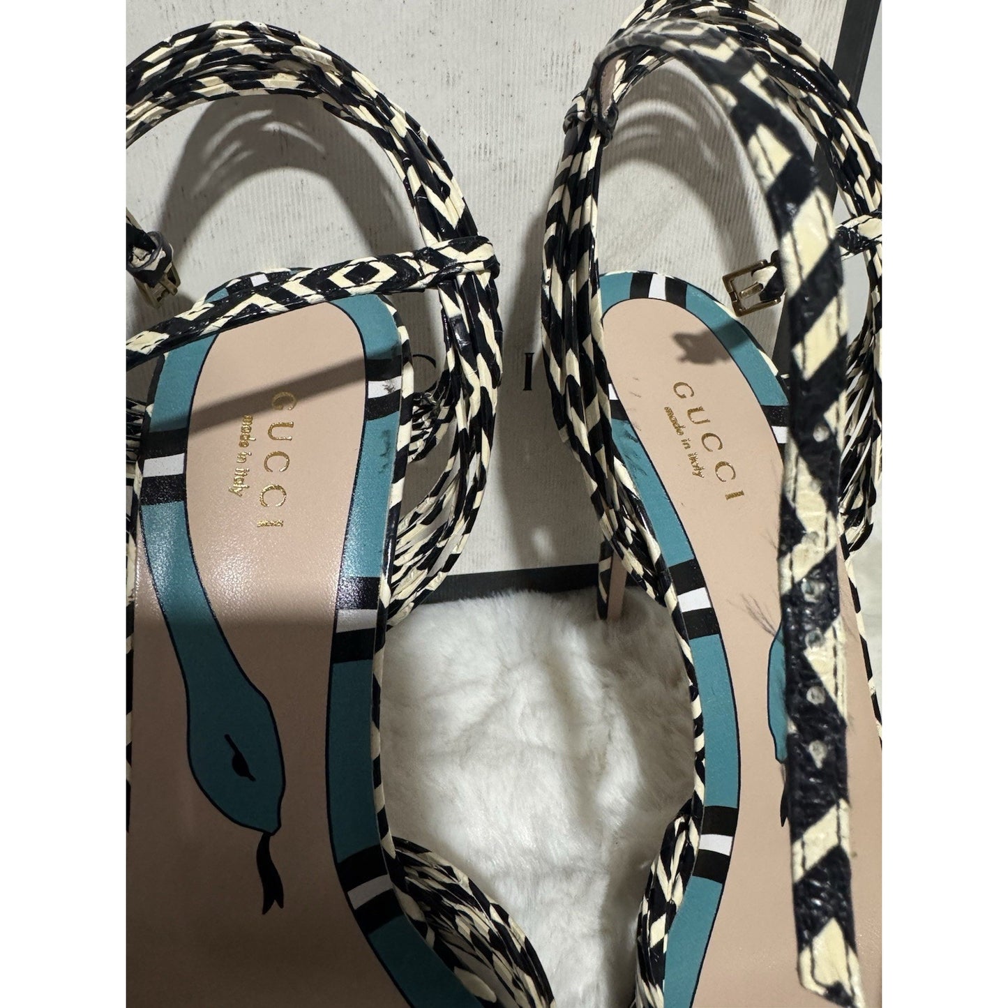 Gucci Allie Striped Leather Sandals, Black/White - 39.5