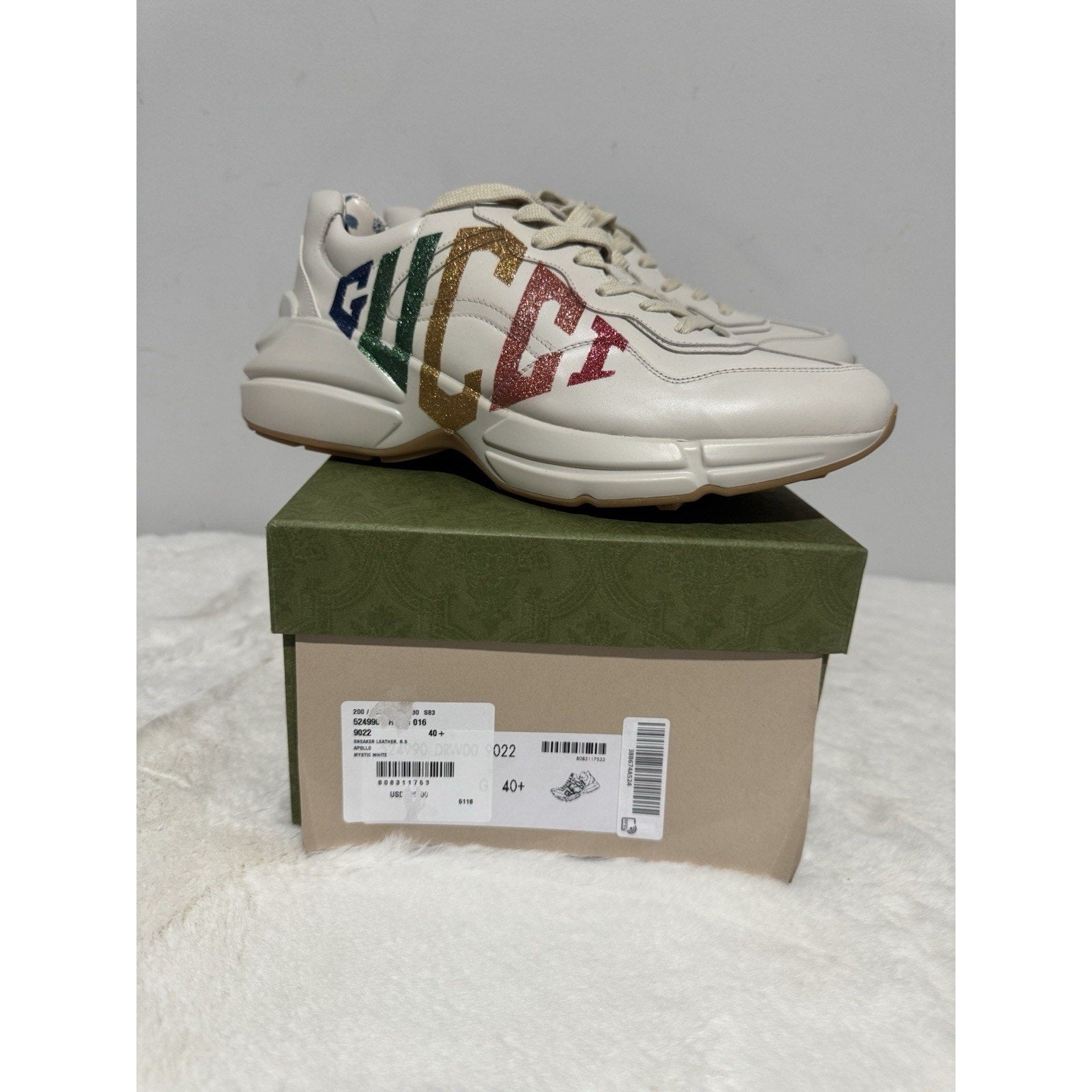 Gucci Rhyton Platform Calfskin Glitter Logo Womens Sneakers Mystic White