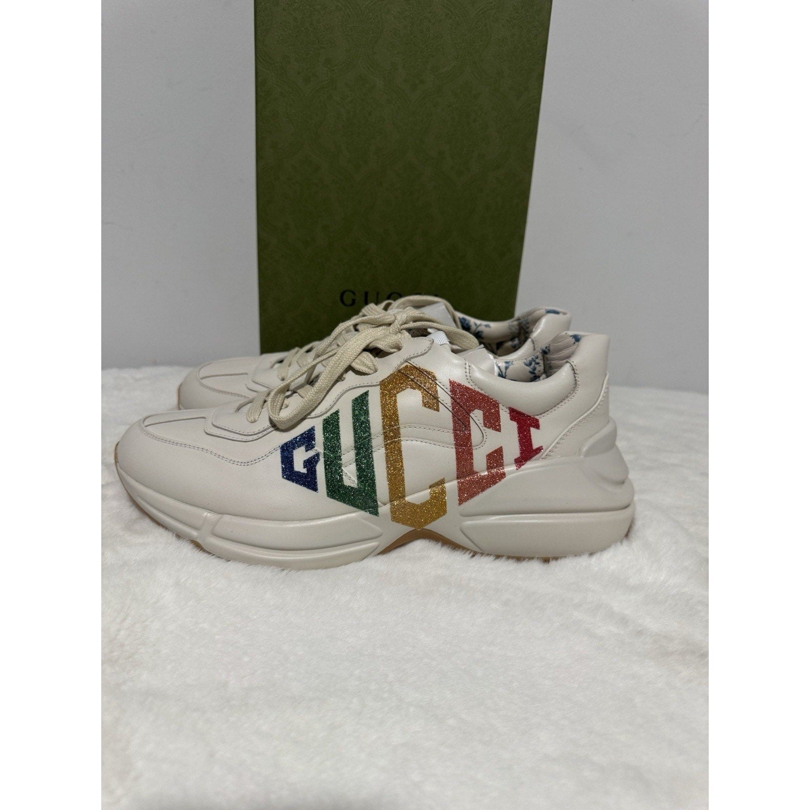 Gucci Rhyton Platform Calfskin Glitter Logo Womens Sneakers Mystic White