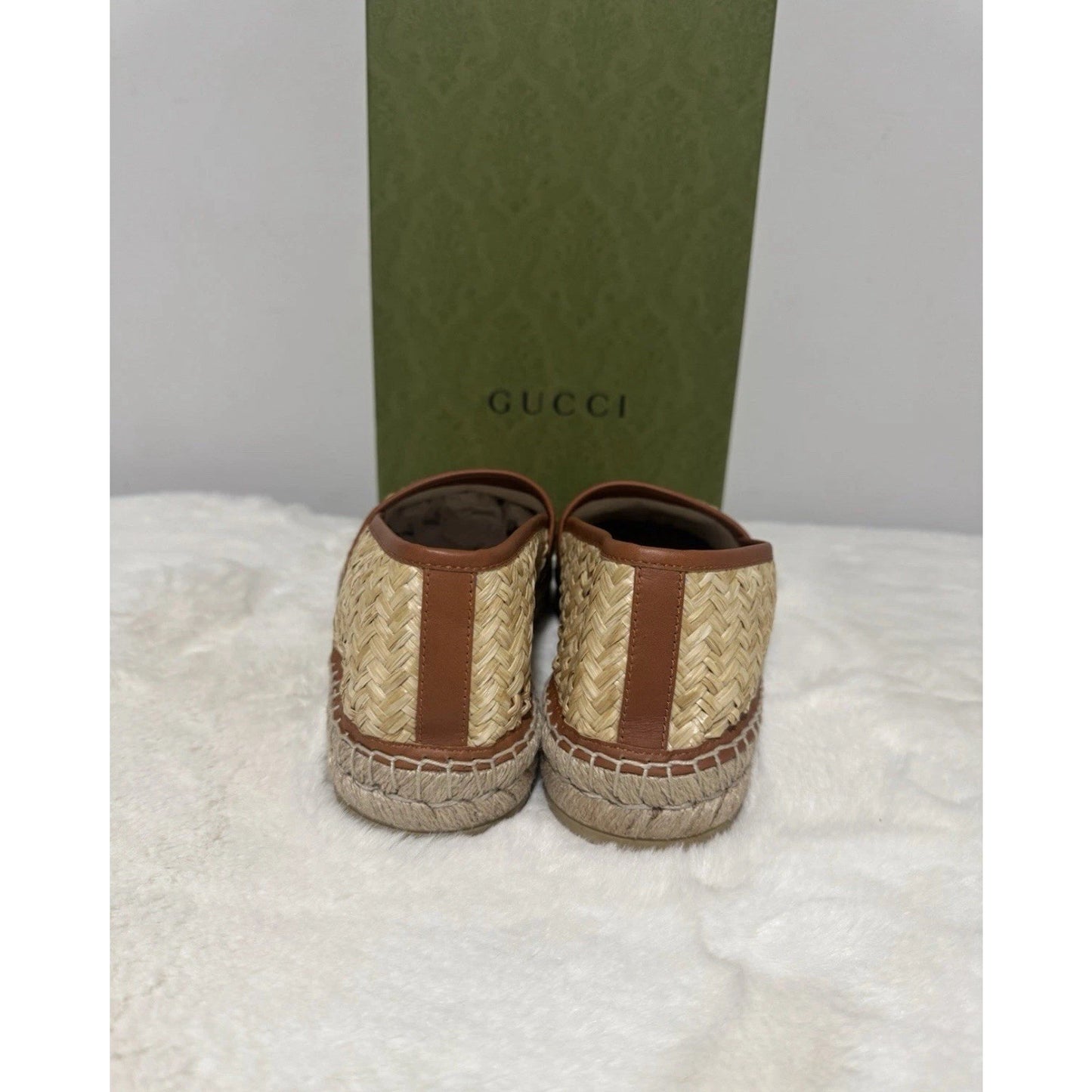 Brand New Gucci Brown Raffia Interlocking GG Espadrilles Size 7 US 7.5