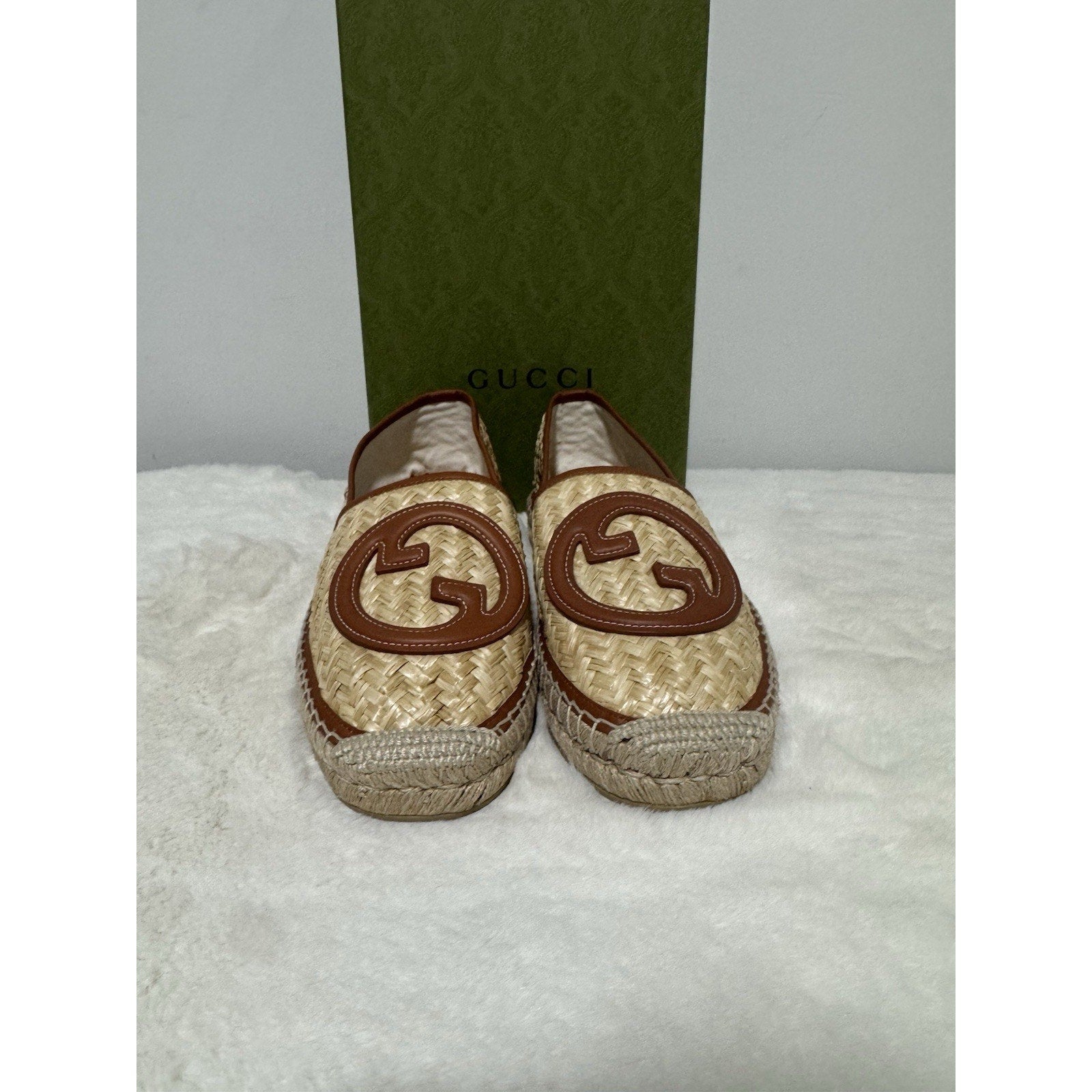 Brand New Gucci Brown Raffia Interlocking GG Espadrilles