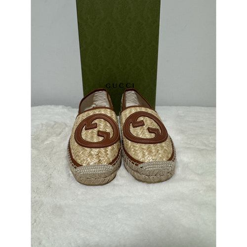 Brand New Gucci Brown Raffia Interlocking GG Espadrilles