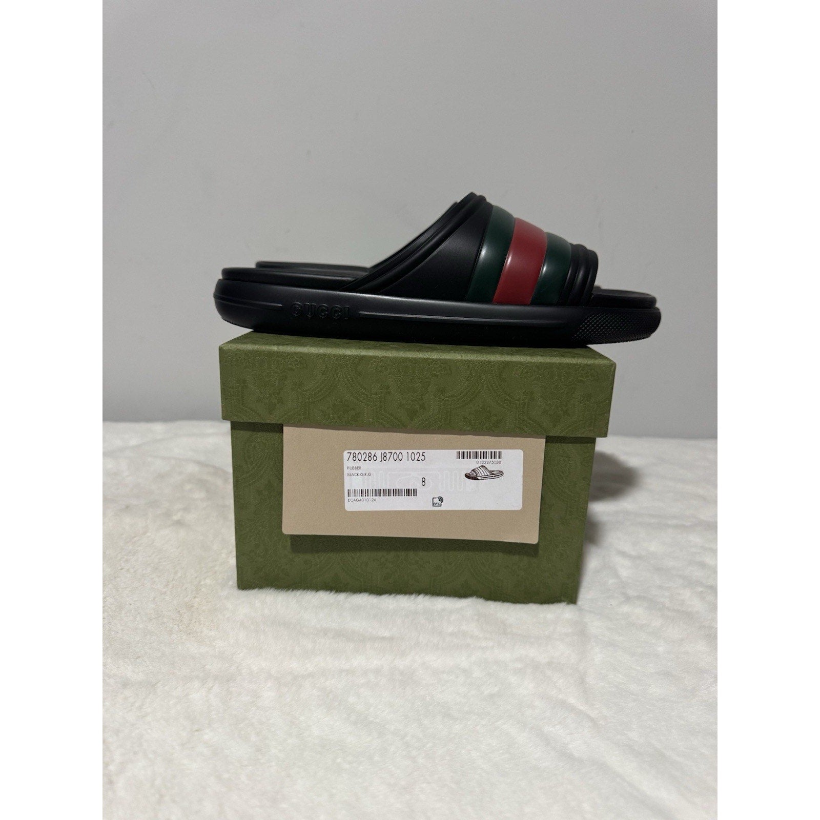 GUCCI Men's Black Rubber Web Slide Sandals New And Authentic