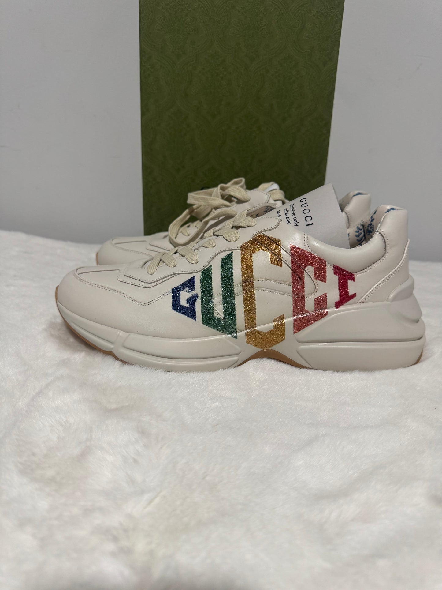 Gucci Rhyton Platform Calfskin Glitter Logo Womens Sneakers Mystic White