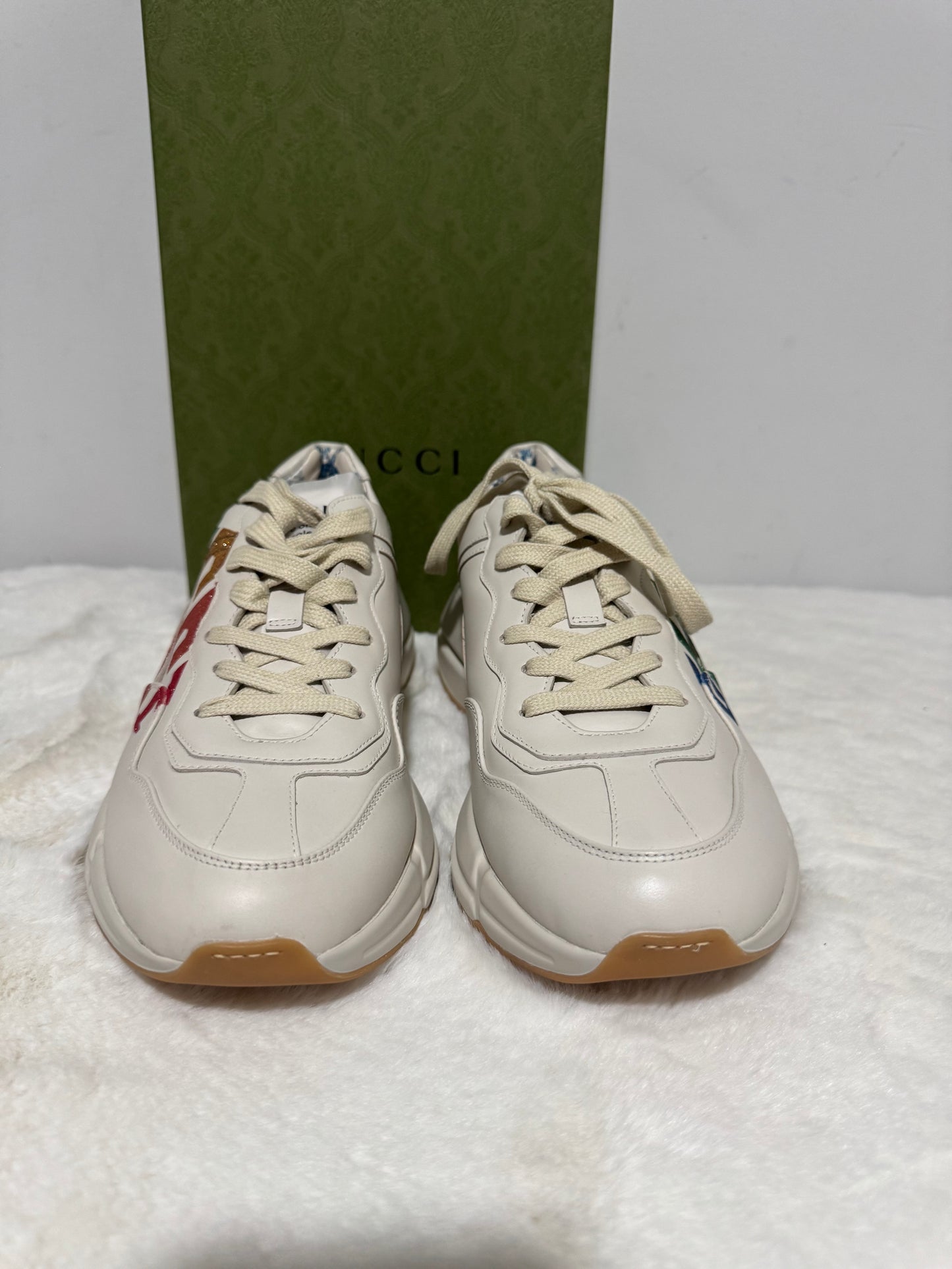 Gucci Rhyton Platform Calfskin Glitter Logo Womens Sneakers Mystic White