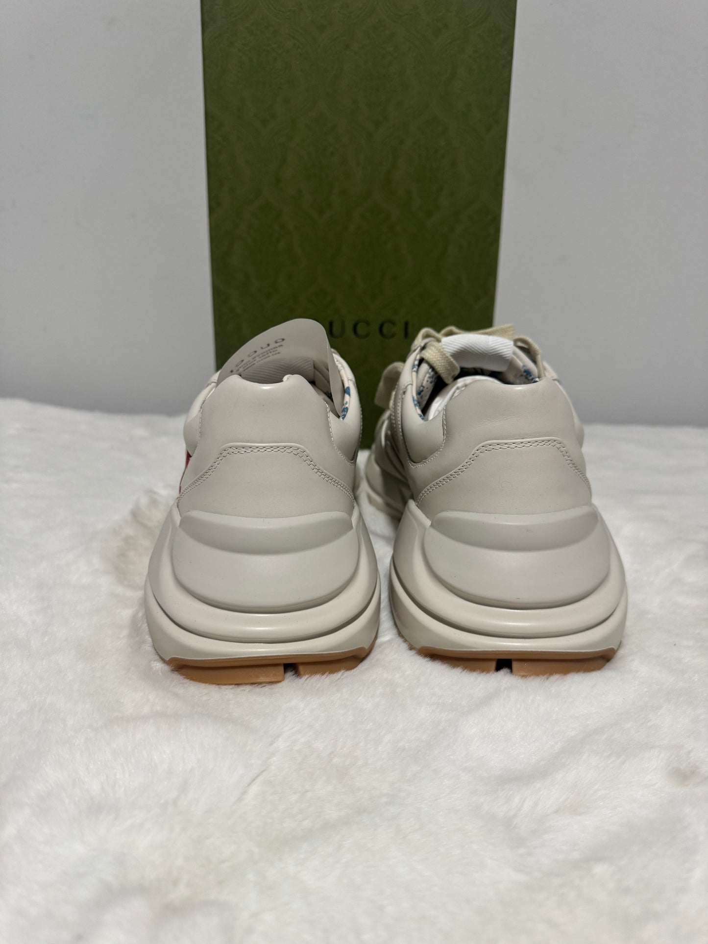 Gucci Rhyton Platform Calfskin Glitter Logo Womens Sneakers Mystic White