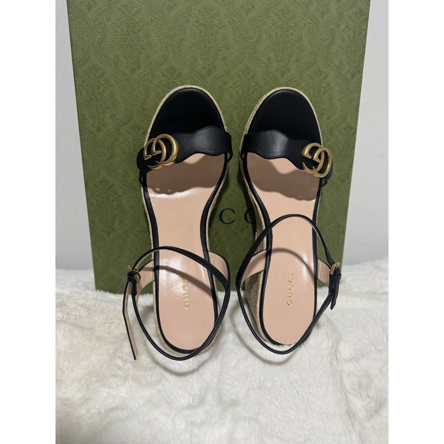 Gucci Aitana Black Leather GG Marmont Wedge Espadrille Sandals Size 41.5