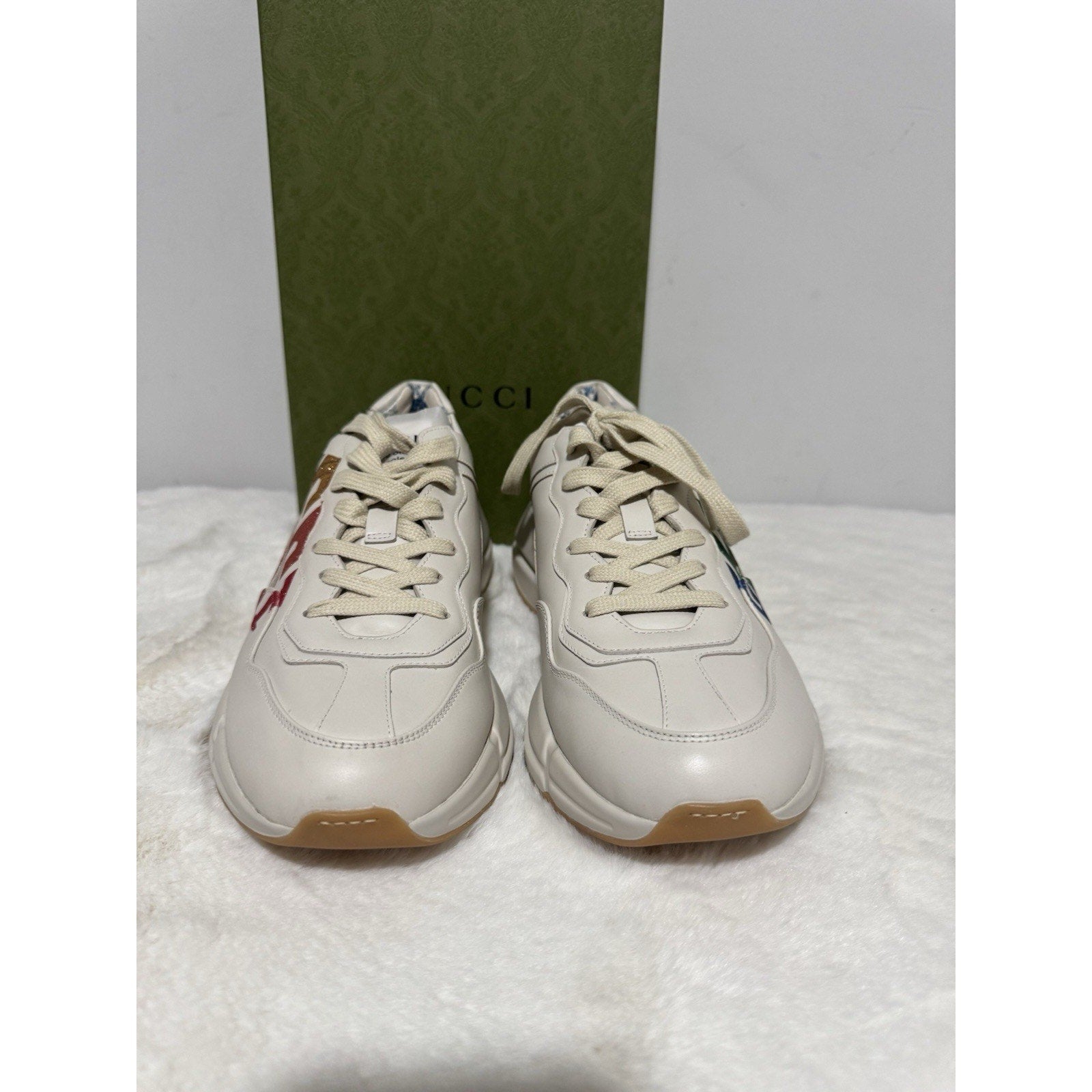 Gucci Rhyton Platform Calfskin Glitter Logo Womens Sneakers Mystic White