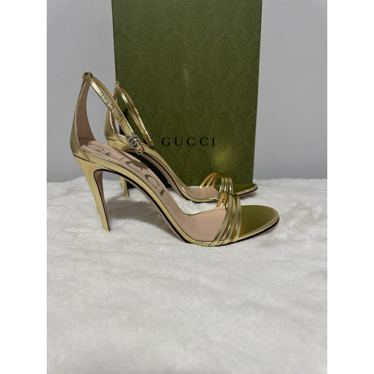 Gucci Women's Gold Ilse Metallic Leather 85mm Heel Sandal Shoes Size 40/US10