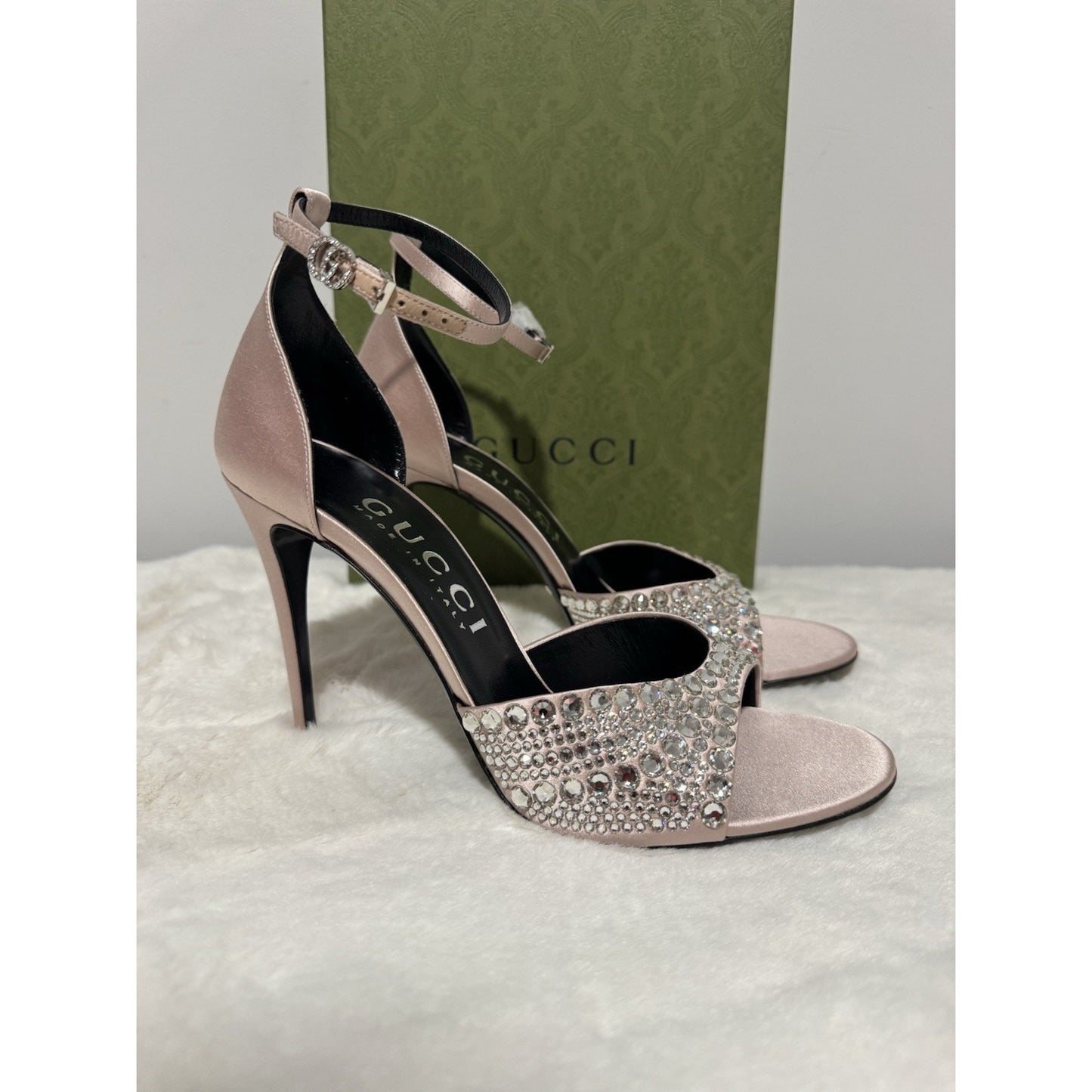 Gucci GG Crystal Embellished Rhinestones Heels Pink Nude Satin Sandals EU40/US10