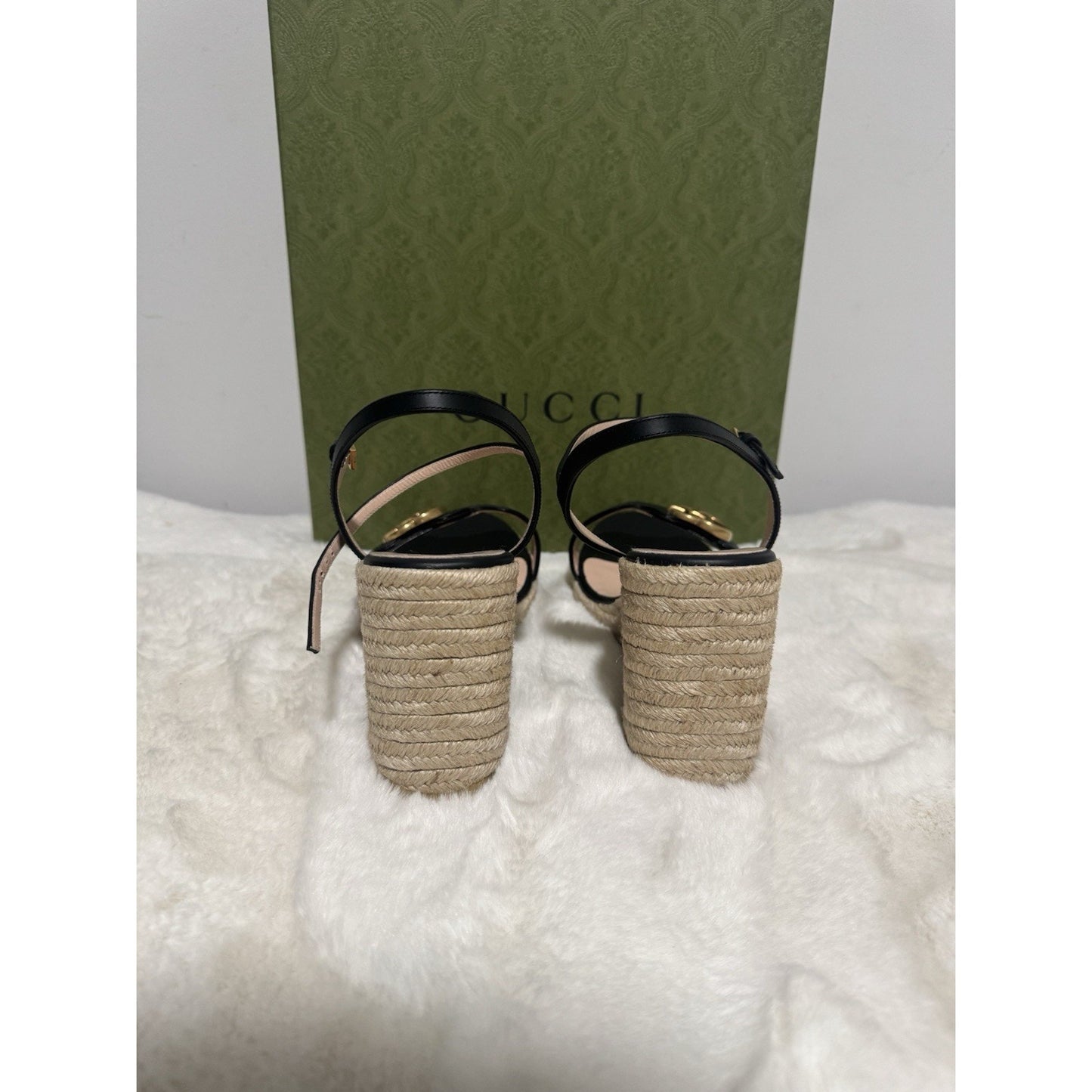 Gucci Aitana Black Leather GG Marmont Wedge Espadrille Sandals Size 41.5