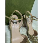 Gucci Metallic Glitter Sparkle Gold Horsebit Logo Ankle Sandal