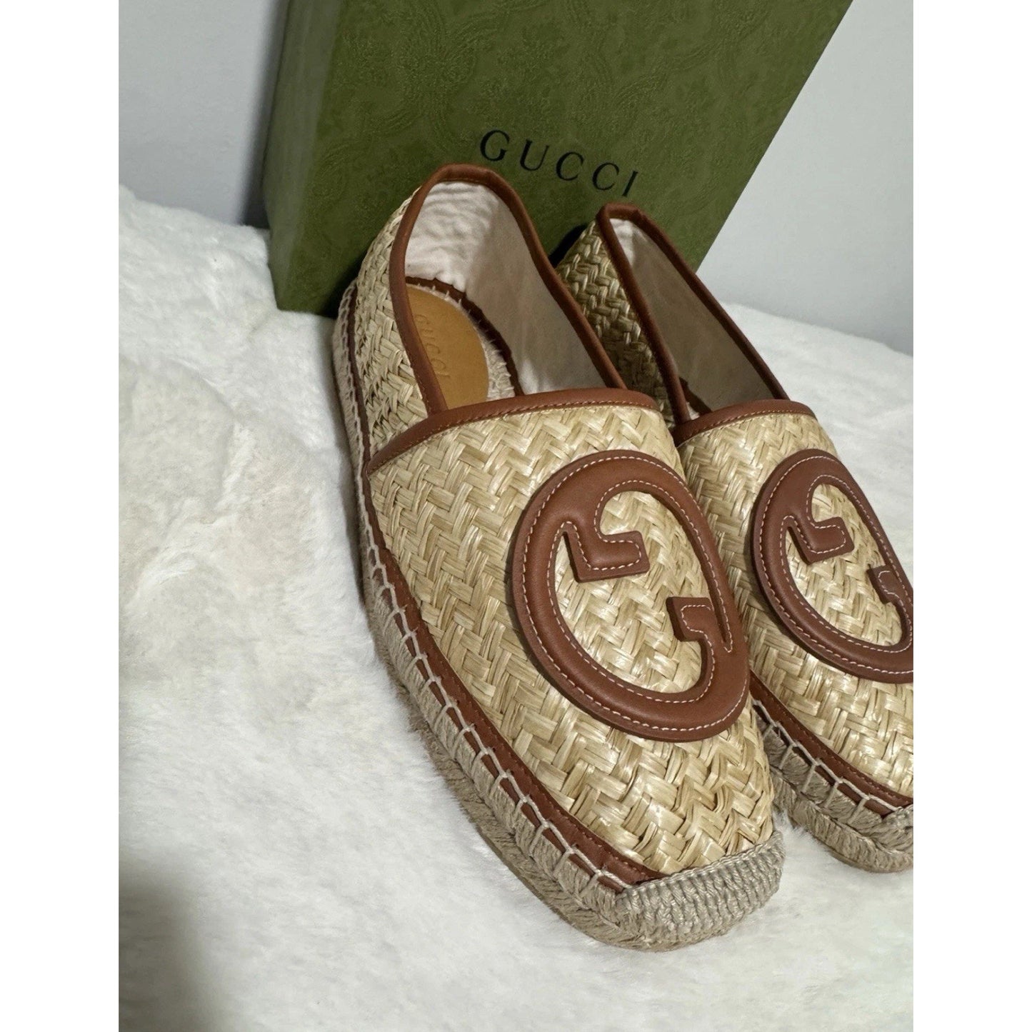 Brand New Gucci Brown Raffia Interlocking GG Espadrilles Size 7 US 7.5