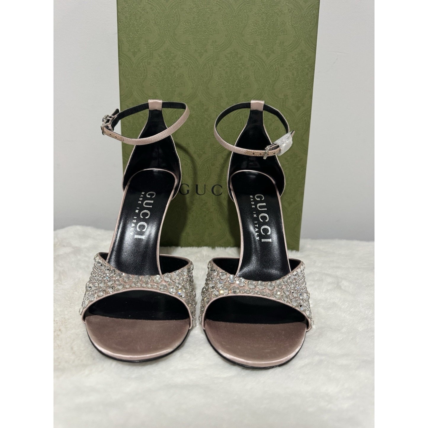 Gucci GG Crystal Embellished Rhinestones Heels Pink Nude Satin Sandals EU40/US10