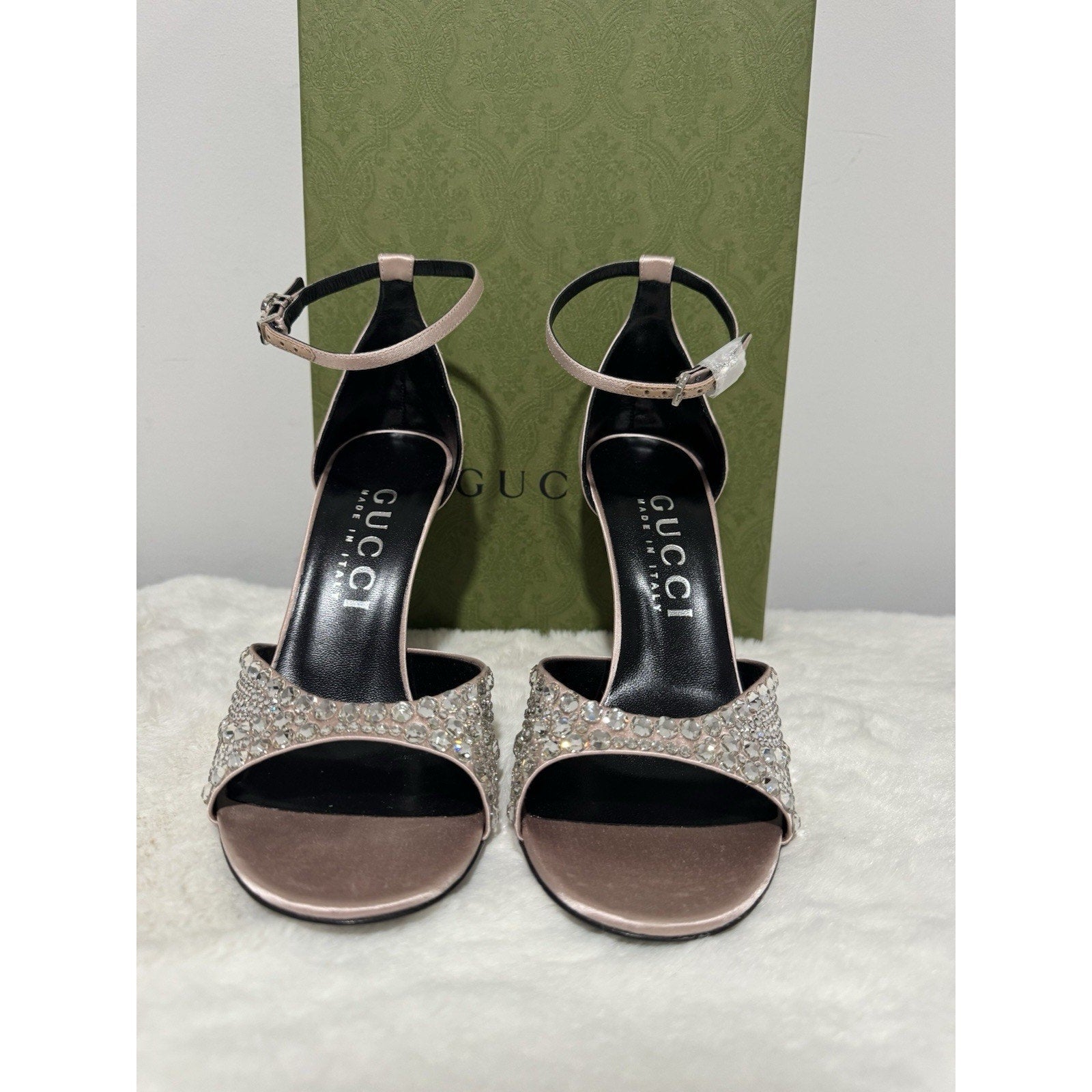 Gucci GG Crystal Embellished Rhinestones Heels Pink Nude Satin Sandals EU40/US10