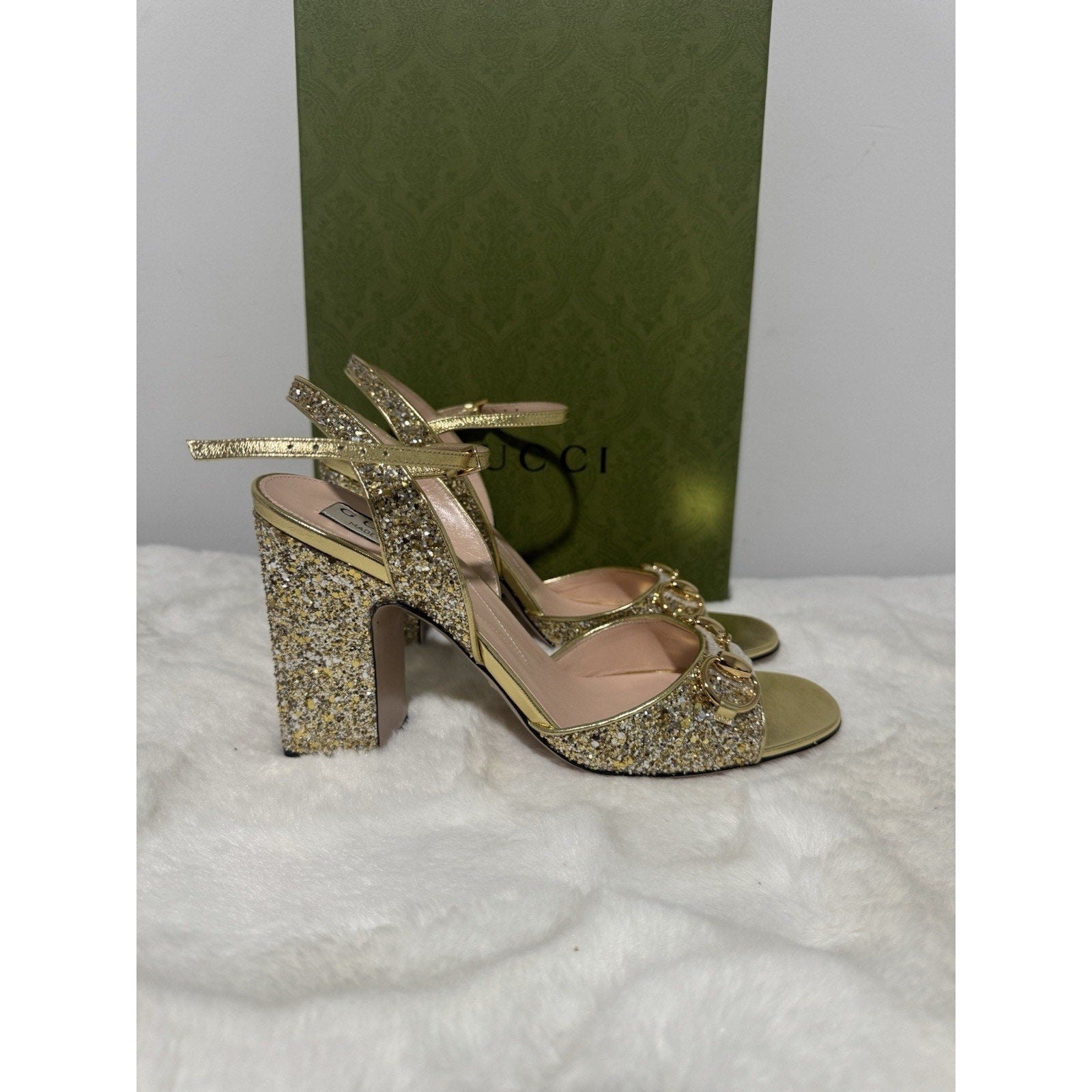 Gucci Metallic Glitter Sparkle Gold Horsebit Logo Ankle Sandal