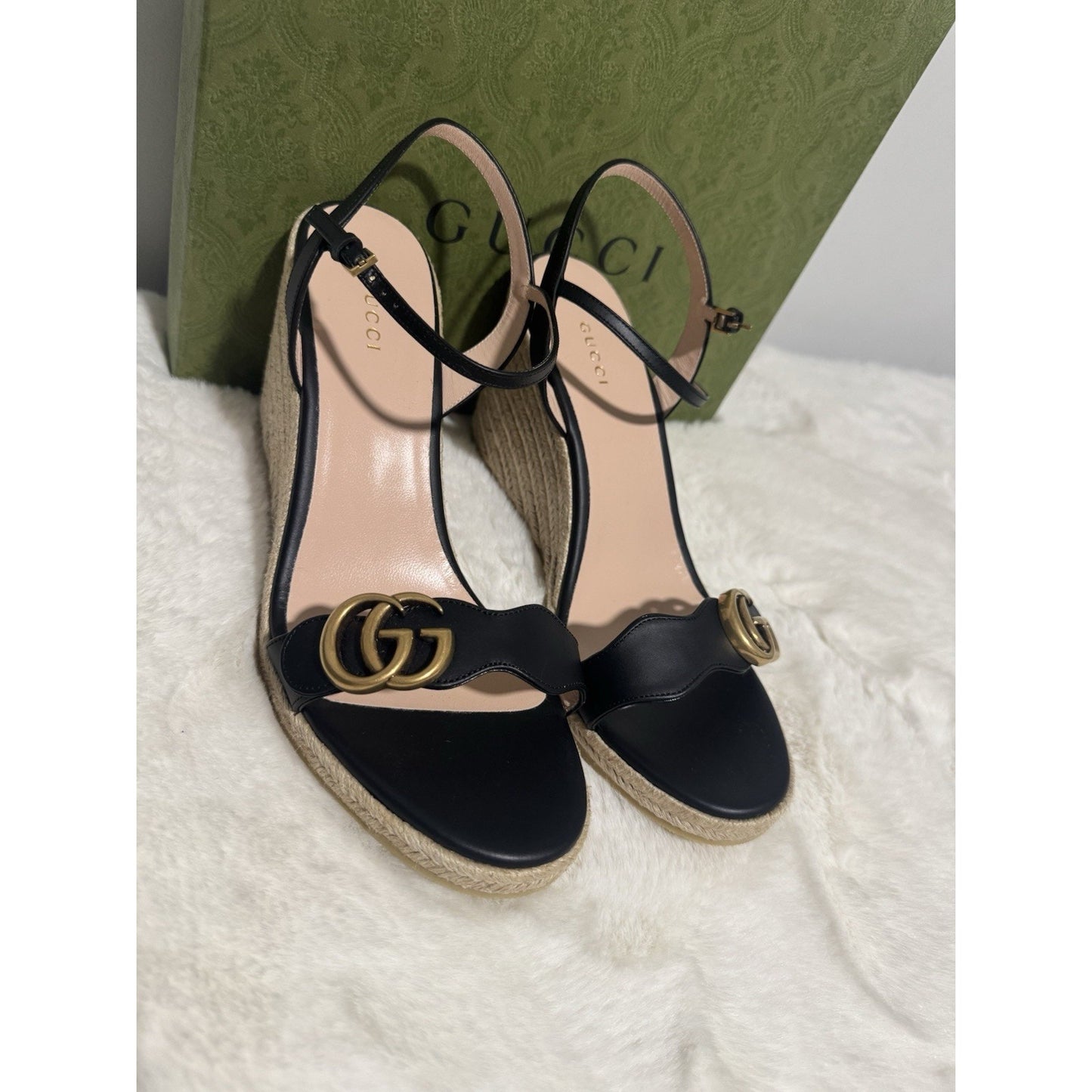 Gucci Aitana Black Leather GG Marmont Wedge Espadrille Sandals Size 41.5