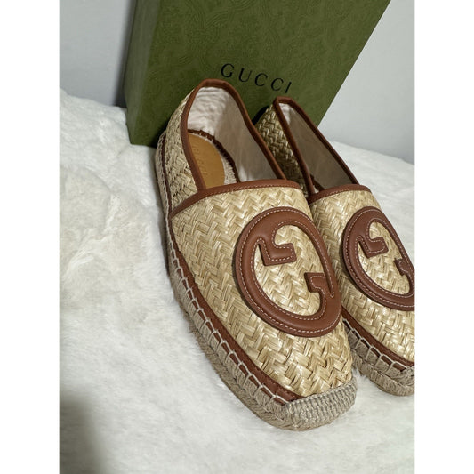 Brand New Gucci Brown Raffia Interlocking GG Espadrilles Size 7 (US 7.5)