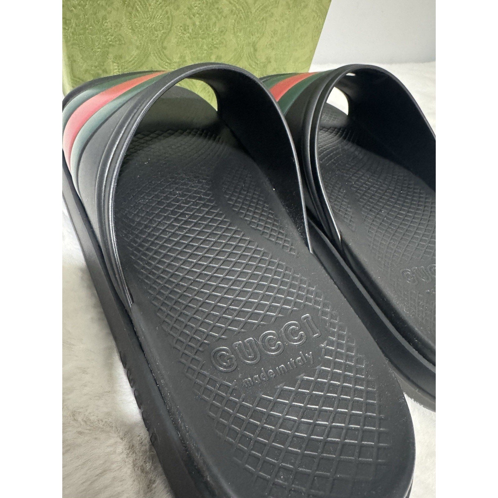 GUCCI Men's Black Rubber Web Slide Sandals New And Authentic