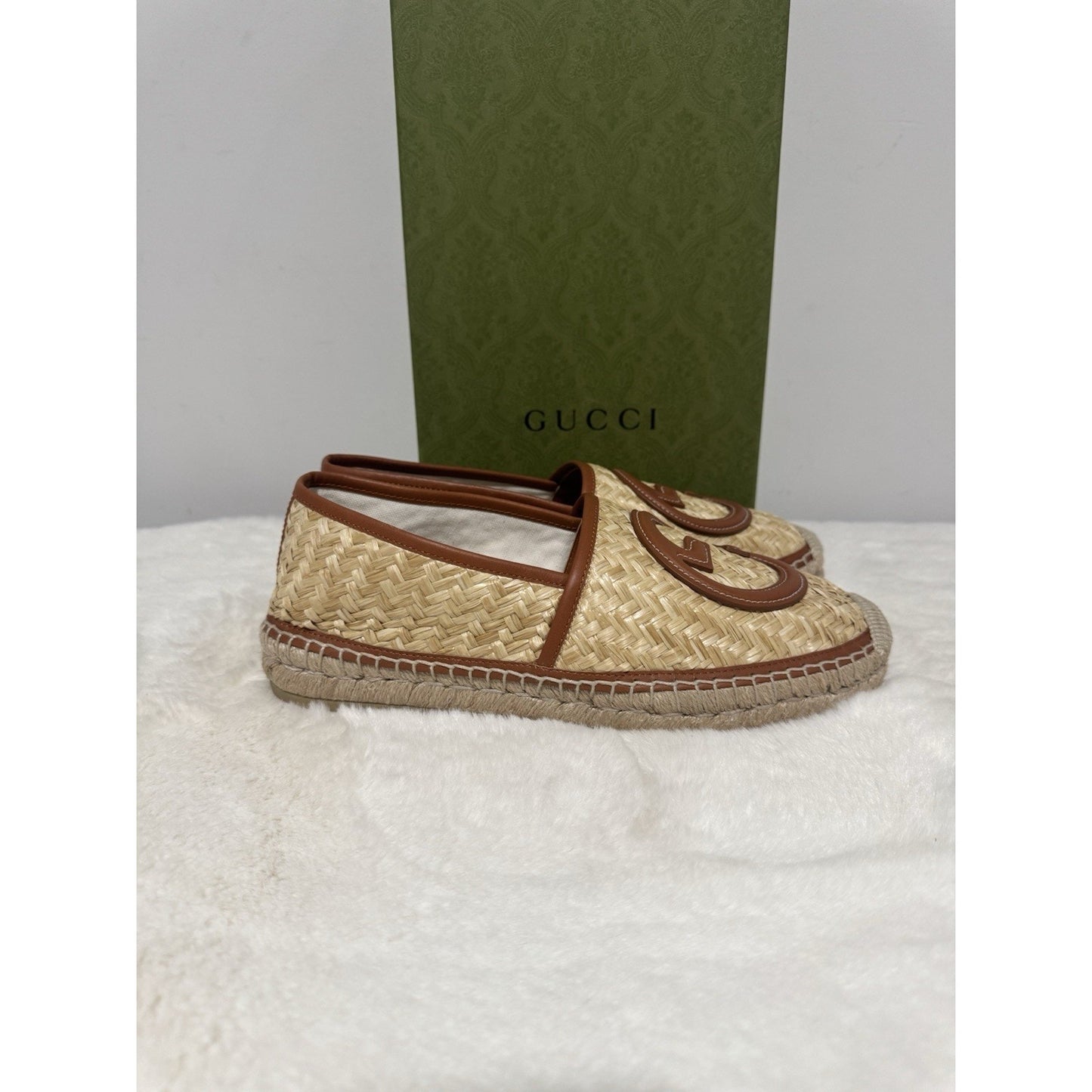 Brand New Gucci Brown Raffia Interlocking GG Espadrilles Size 7 (US 7.5)