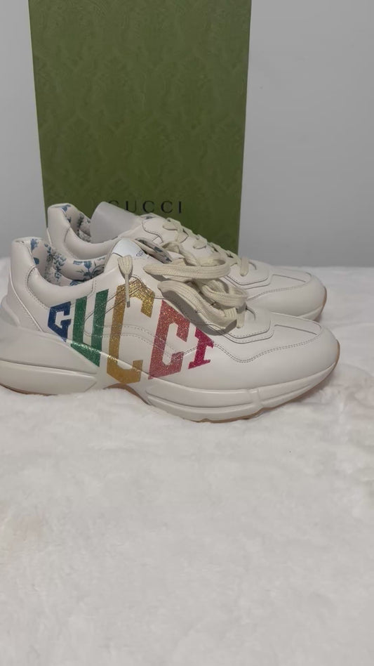 Gucci Rhyton Platform Calfskin Glitter Logo Womens Sneakers Mystic White